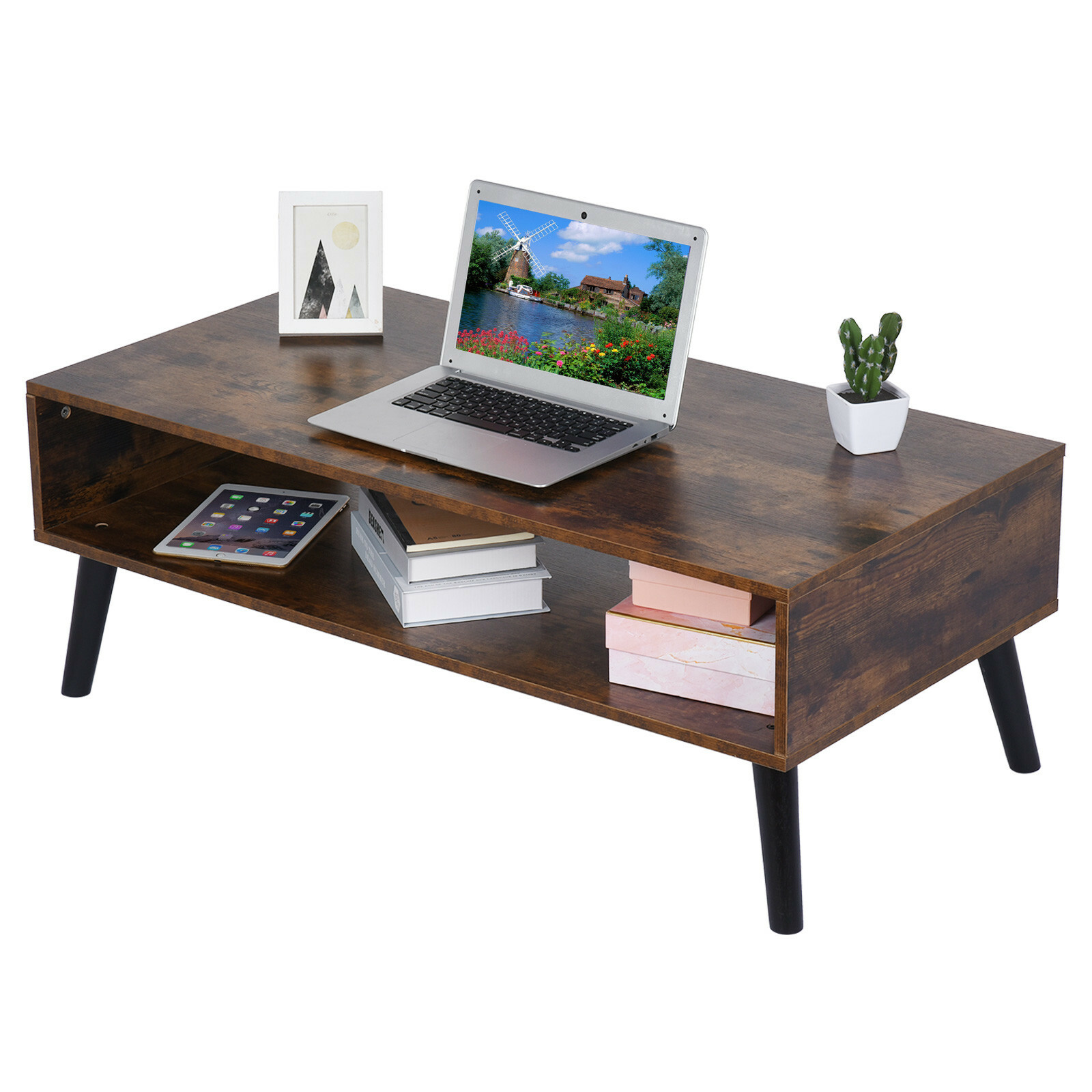 43 " Brown Retro Mid-Century Modern Wooden Coffee Table with Open Storage Shelf