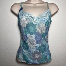 Natori Josie Women Y2K Cami Tank Top XL Blue Sheer Lace Trim Floral Ethereal