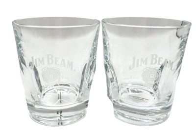 Jim Beam Low Ball Glasses Clear Etched With Indented Sides 8oz Capacity Set of 2