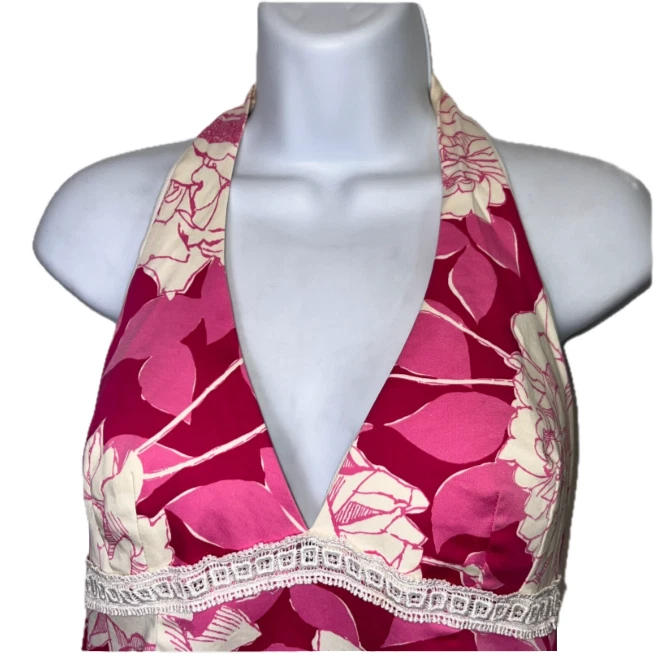 Top halter Trina Turk para mujer M rosa blanco años 60 estampado floral retro algodón elástico Foto 4 de 4