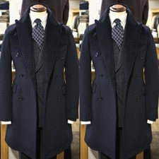 Black Wool Men's Long Overcoat Peak Lapel Double Breasted Winter Business Coat