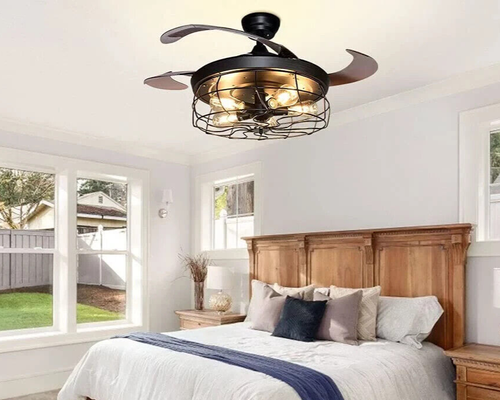 Rustic LED 42‘’ Ceiling Fan with Light Remote Farmhouse Cage Chandelier Lamp