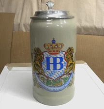 Vintage Hofbrauhaus Munchen 1 Liter Beer Stein Initialed HB Seit 1859 PewterLid