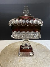 Stunning Ruby Red Flashed Clear Glass Pedestal Candy Dish Compote w Lid Mint