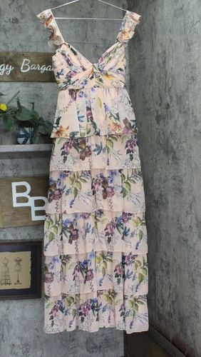 Ieena by Mac Duggal Floral Print Chiffon Tiered Ruffle Dress Gown Pink / Multi 4