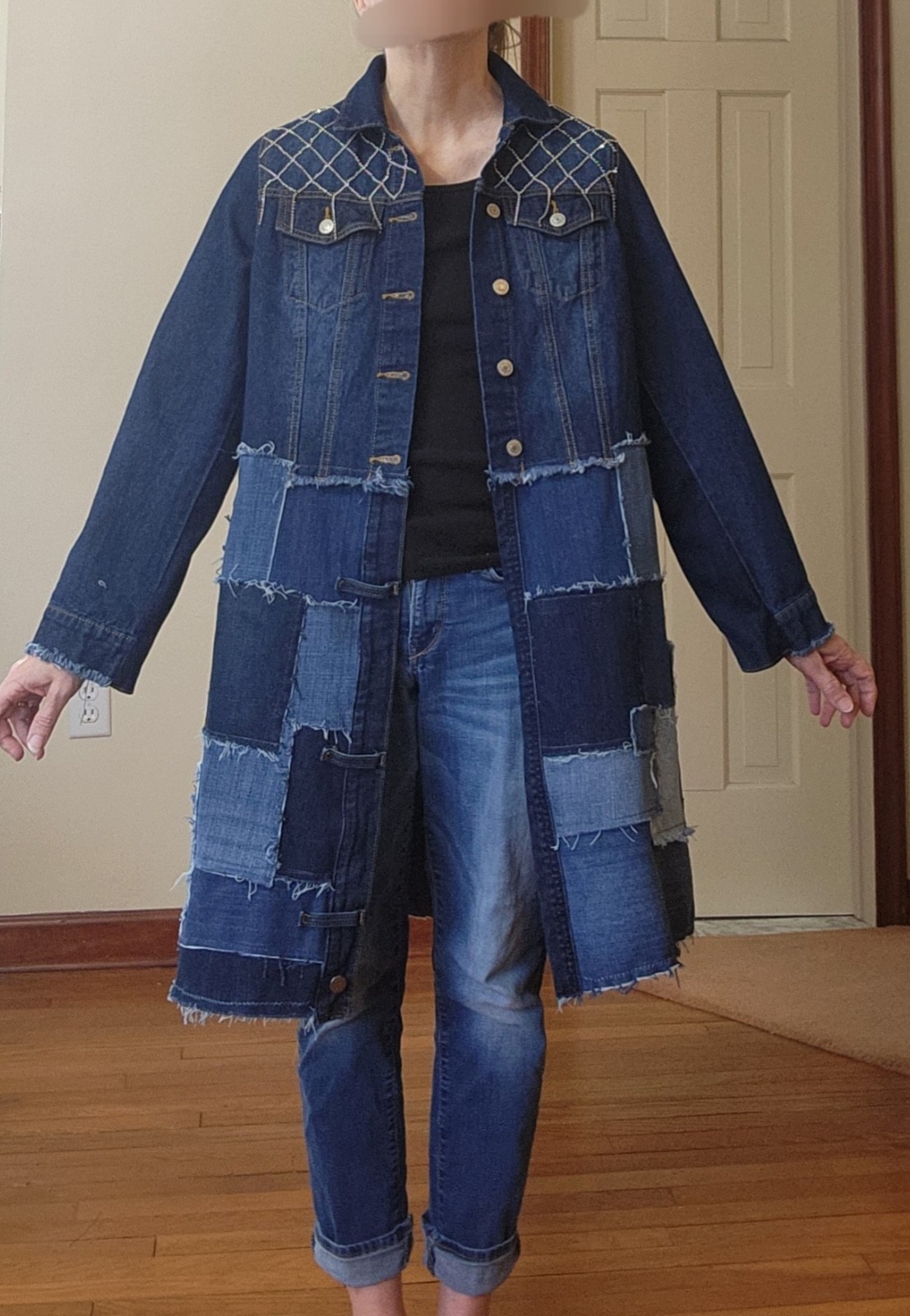 Upcycled Midi Denim Patchwork & Rhinestone Coat J… - image 9