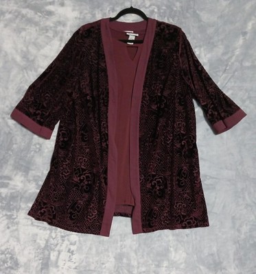 Catherines Jacket Blouse Womens 1X Burgundy Velvet Burnout Kimono Tank Plus