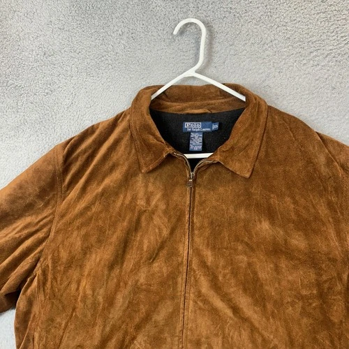 Polo Ralph Lauren Jacket Mens 2XL Suede Leather Brown Full Zip Long Sleeve EUC image 6