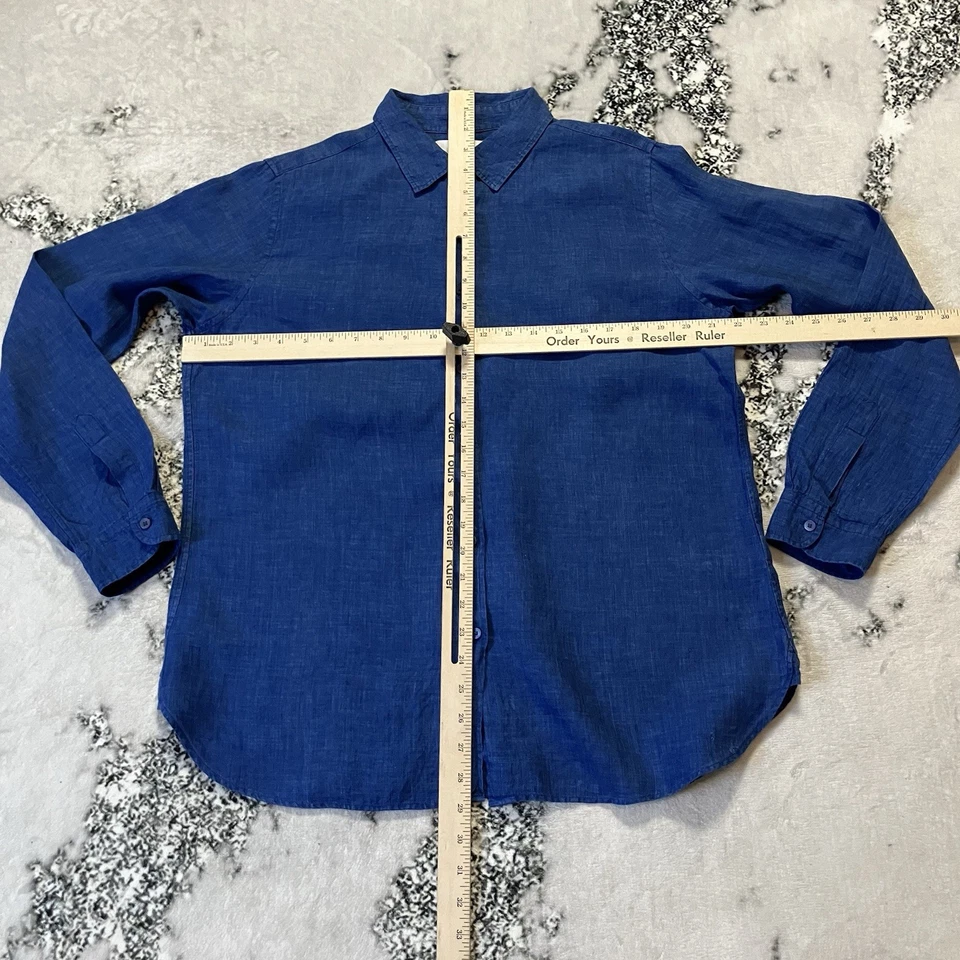 Camisa Uniqlo para mujer talla grande azul lino cuello abotonado resort playera Foto 2 de 4