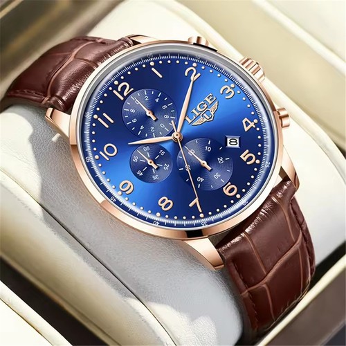 LIGE Orologio Uomo Multifunzione Cronografo Orologio da Polso Uomo Quarzo Pelle Orologi - Foto 11 di 22