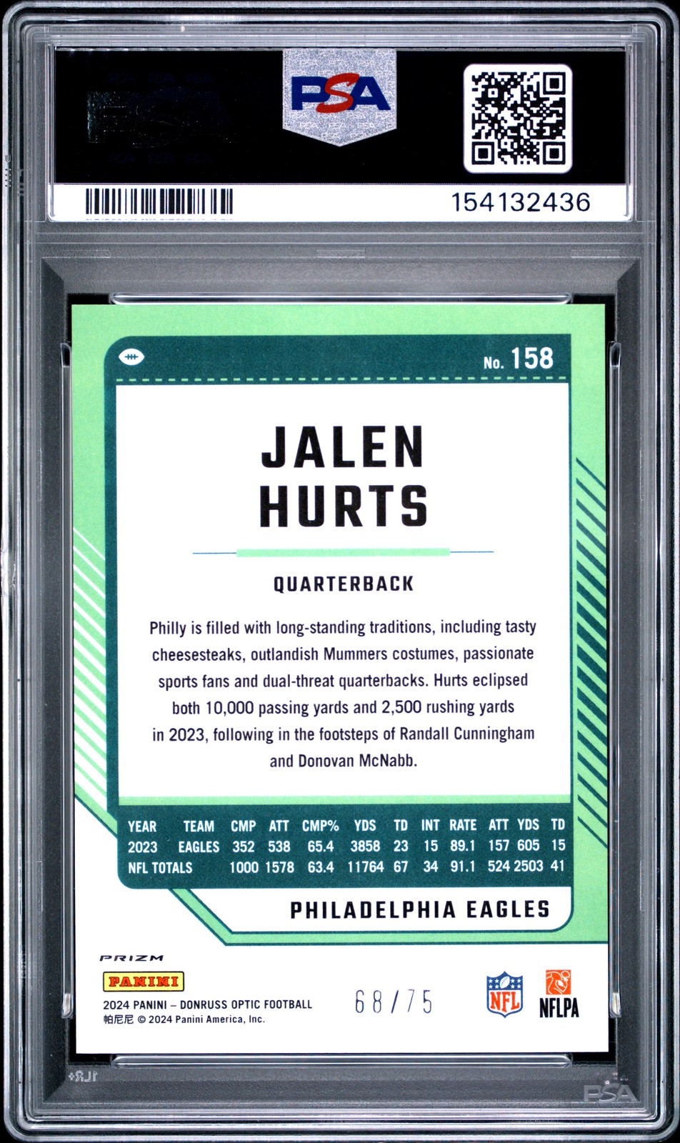 2024 PANINI DONRUSS OPTIC ELECTRICITY #158 JALEN HURTS 68/75 PSA 8 view 2