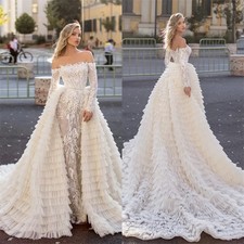 Luxury Mermaid Wedding Dress Detachable Train Appliqued Lace Tiered Bridal Gowns