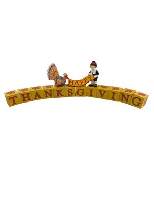 Vintage Happy Thanksgiving With Pilgrim & Turkey Wooden Block Set Holiday Decor
