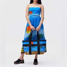 Ganni Midi Dress Women's S - M Blue Beach Print Strapless Cotton Light Tie Band