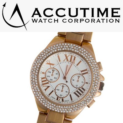 Accutime Gold Toned Ladies 45mm Chronograph Wristwatch with Crystal Bezel 