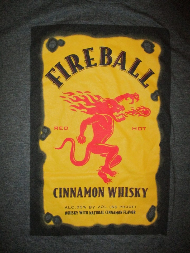 FIREBALL CINNAMON WHISKY T SHIRT Booze Liquor Logo Bottle Whiskey Label