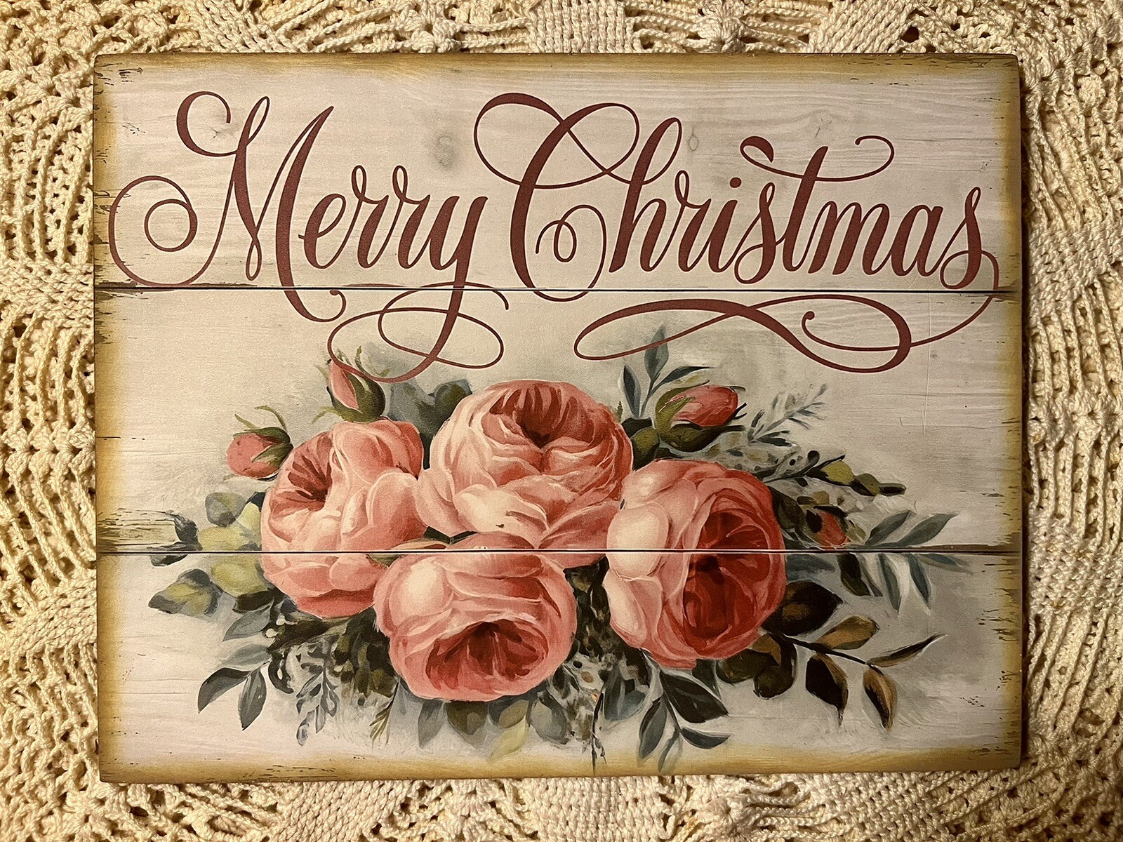 Shabby Chic Merry Christmas,  Pink Roses,  Handcrafted Plaque /  Sign