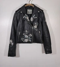 Levi's Women's Size S Black Faux Leather Moto Jacket Studded Embroidered Floral