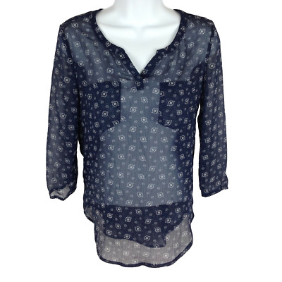 Aeropostale womens floral see through blouse size S blue white pull over notch
