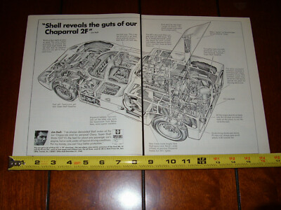1968 JIM HALL CHAPARRAL 2F RACE CAR SHELL OIL  ORIGINAL 2 PAGE AD