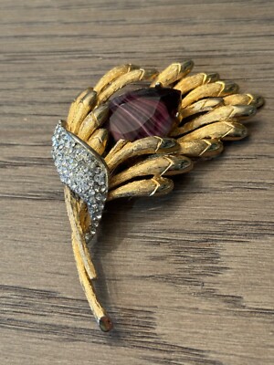 Signed  ELSA SCHIAPARELLI Amethyst GLASS Stone Rhinestone Floral BROOCH PIN