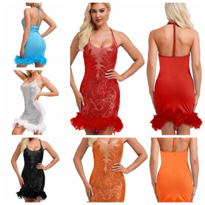 Damen Ballkleid Funkeln Tanzkleid Tanz Minikleid Samba Kleider Festival Kostüm
