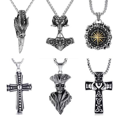 Men Skull Moon / Viking Odin Hammer / Celtic Claddagh Cross Pendant Necklace 24''