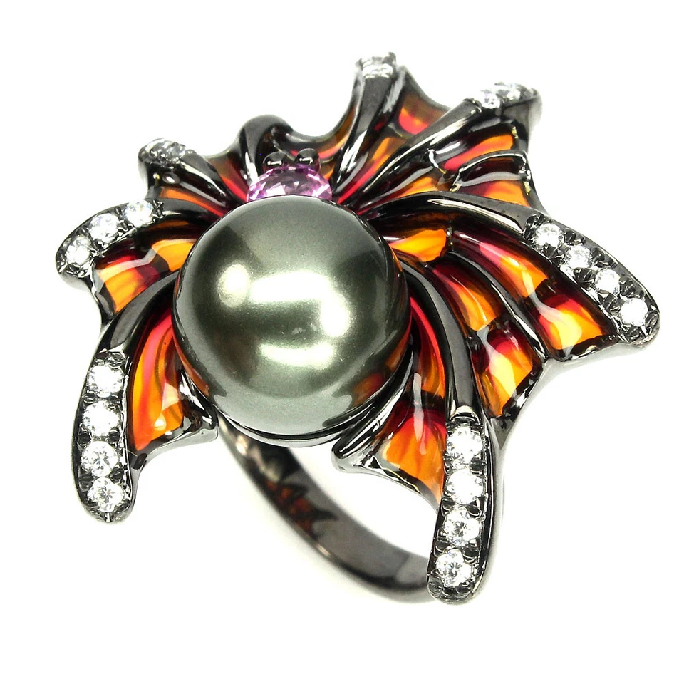 Anillo de plata de ley 925 redondo perla negra 11 mm circonita simulada araña joyería 7,5 Foto 2 de 4