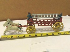 Vintage Cast Iron Possibly Repo Horse Drawn Fire ladder Wagon With 2 Men 11"