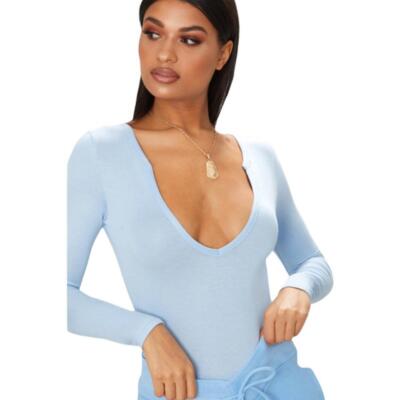 PrettyLittleThing l Basic Baby Blue Plunge Long Sleeve Bodysuit
