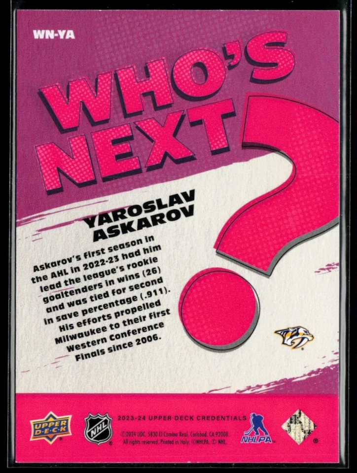 2023-24 Upper Deck Credentials Who's Next #WN-YA Yaroslav Askarov RC - Image 2 of 2