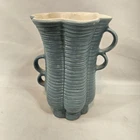 Vintage Red Wing USA 1111 Art Pottery Double Handle Ribbed Vase Blue Salmon