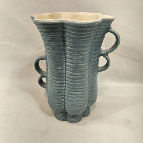 Vintage Red Wing USA 1111 Art Pottery Double Handle Ribbed Vase Blue Salmon