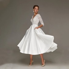 Tea Length Satin Wedding Dress A Line 3/4 Sleeve Lace Simple Short Bridal Gown