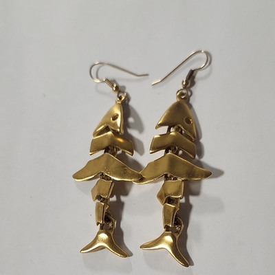Rare Iconic Anne Klein Gold Fishbone Dangle Earrings Matte Vintage Signed 90s