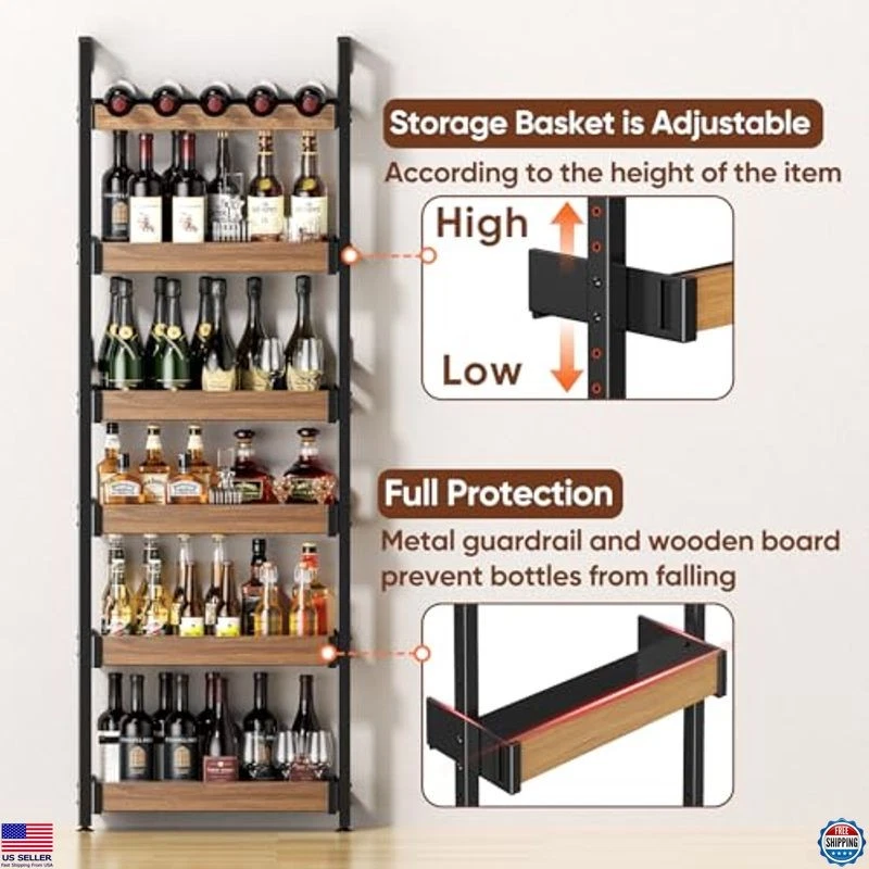 Estante para vino montado en la pared, estante de exhibición de botellas de licor de metal de 6 niveles, ajustable Foto 3 de 4