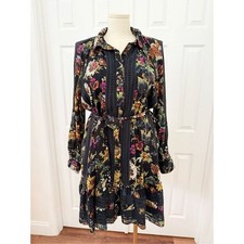by Anthropologie Black Multi Floral Lace Trim Tie Waist Button Up Mini Dress XL