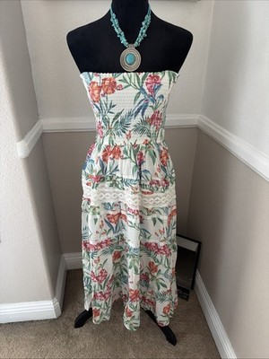 NWT Boutique Boho Smocked Strapless Tropical Midi Dress Ruffled Crochet M $78