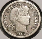 Silver Dime - Barber - 1913 (Most of Liberty.  Scratch near Liberty.)
