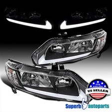 Fits 2006-2011 Honda Civic Sedan 4dr Black Led Drl Headlights Lamps Set Lr