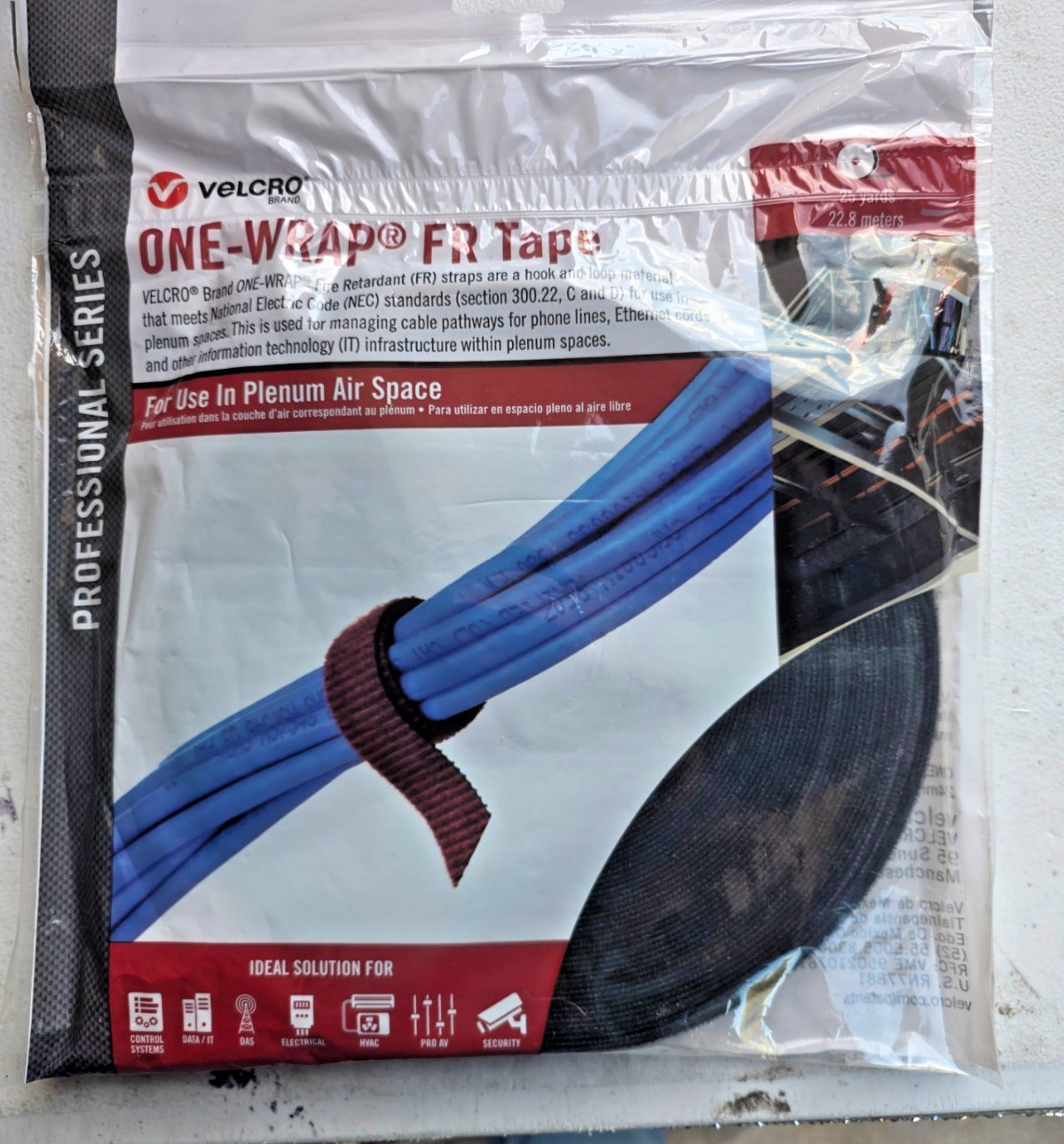 VELCRO® Brand 3/4" Fire Retardant Plenum Black Lineal ONE-WRAP | 25YD Roll