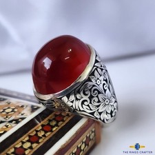 Natural Rare Red Yemeni Agate Aqeeq 925 Sterling Silver Artisan Ring Size US 10