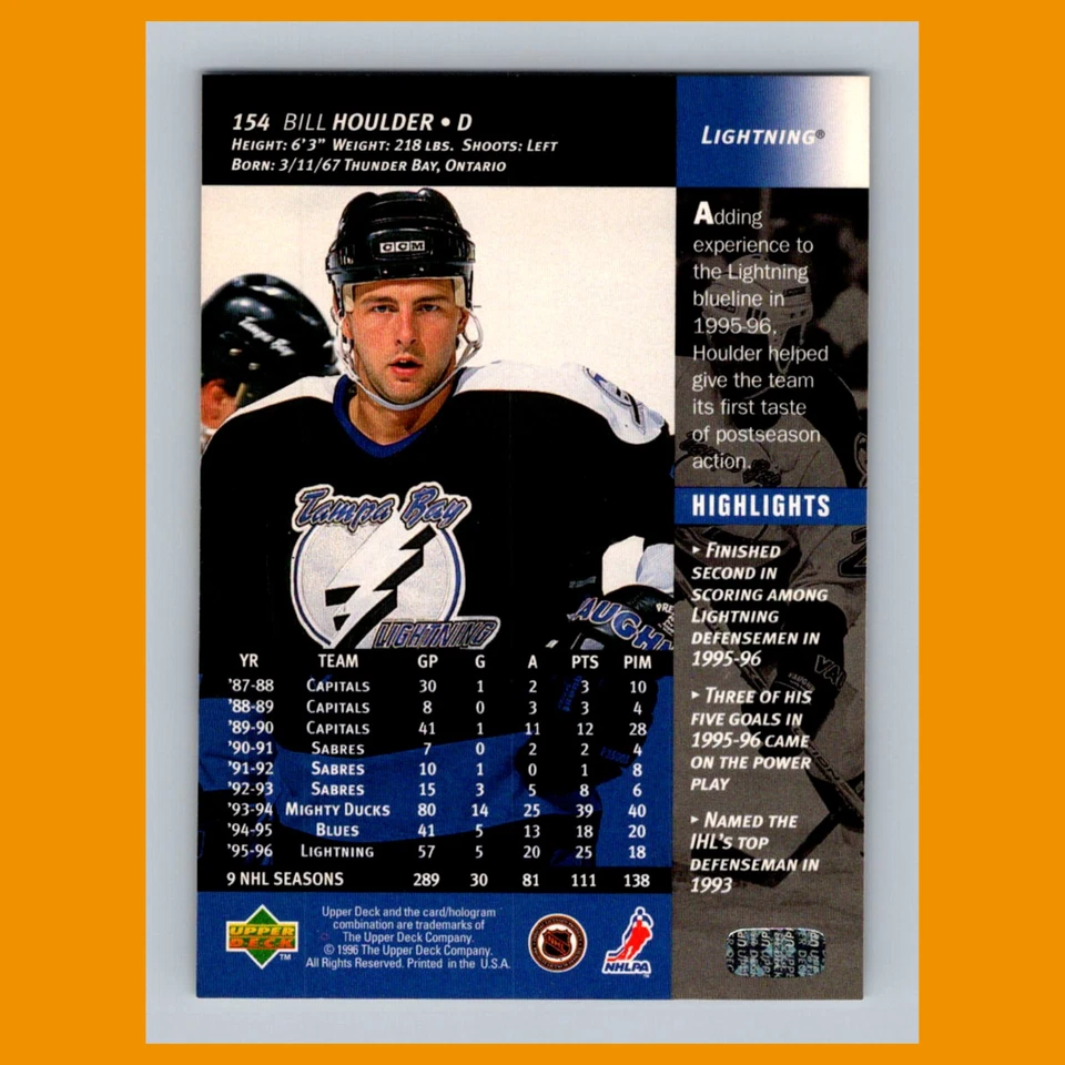 Bill Houlder #154 1996 Upper Deck Tampa Bay Lightning Hockey Card NHL NM - Image 2 of 3