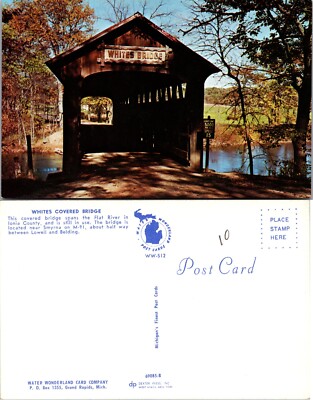 Whites Covered Bridge Reflection on Flat River Fall Trees Michigan MI Postcard