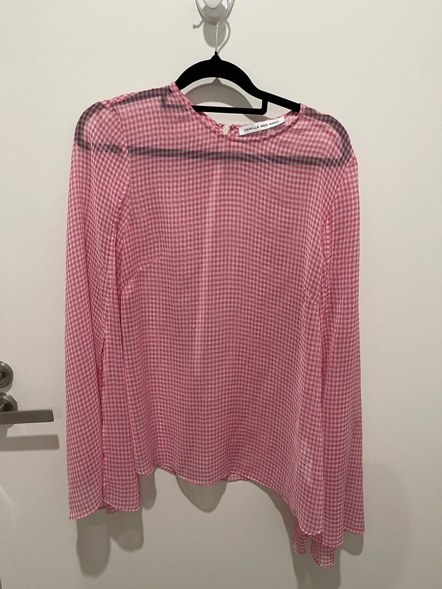 Camilla And Marc Pink And White Gingham Sheer Fan Sleeve Blouse