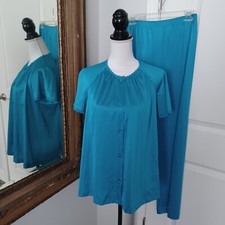 Vintage Vanity Fair Silky Satin Tricot Nylon Aquamarine Pajamas Lounge Set SZ S