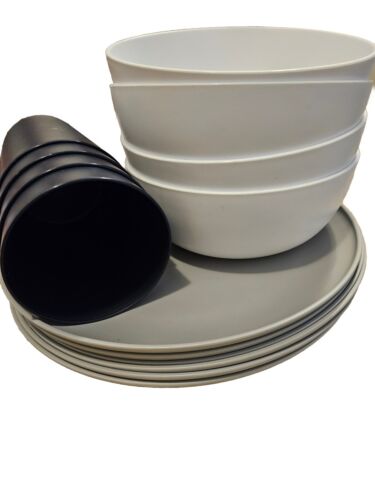 Mainstays Plastic Dinner 6 Grey Plates-4 White Bowls-4 Blue Cups  Set - Afbeelding 1 van 11