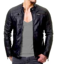 Men's Genuine Leather Jacket Biker Jacket Biker Quilted Jacket Black