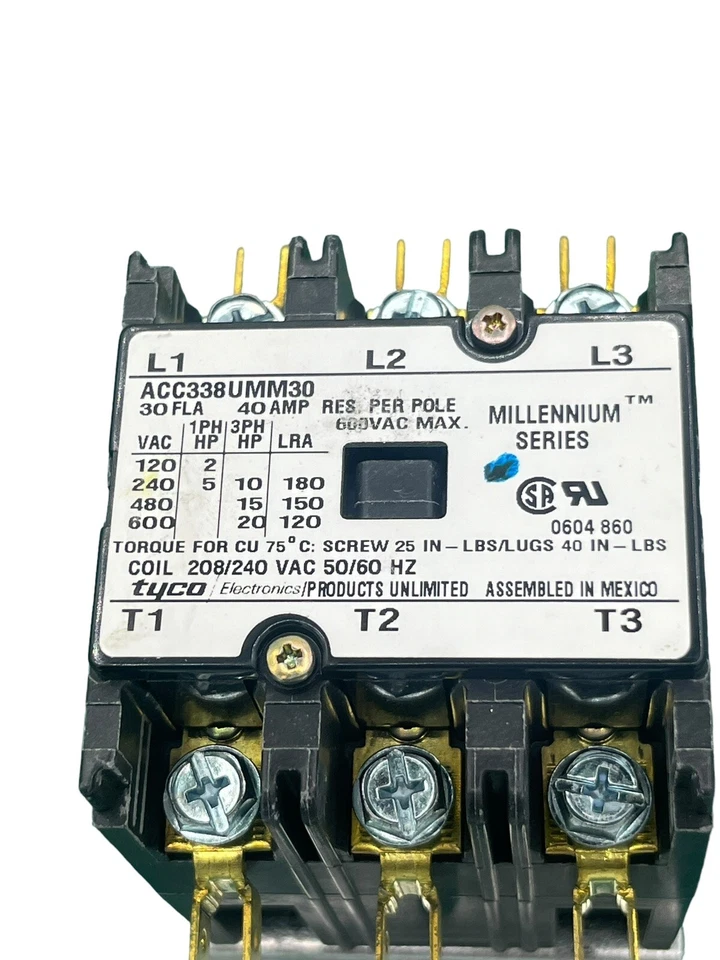 Tyco ACC338UMM30 30A 600V Definite Purpose Mag. Contactor 208V Coil - Image 2 of 4