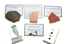 Ancient Roman relic Collection fibula, pottery, tesserae, Samian Ware, beads